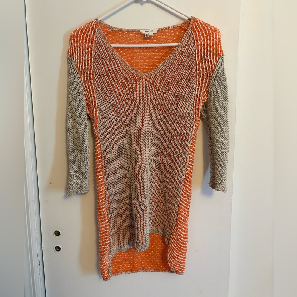 Helmut Lang Orange and Gray Colorblock Knit Sweater